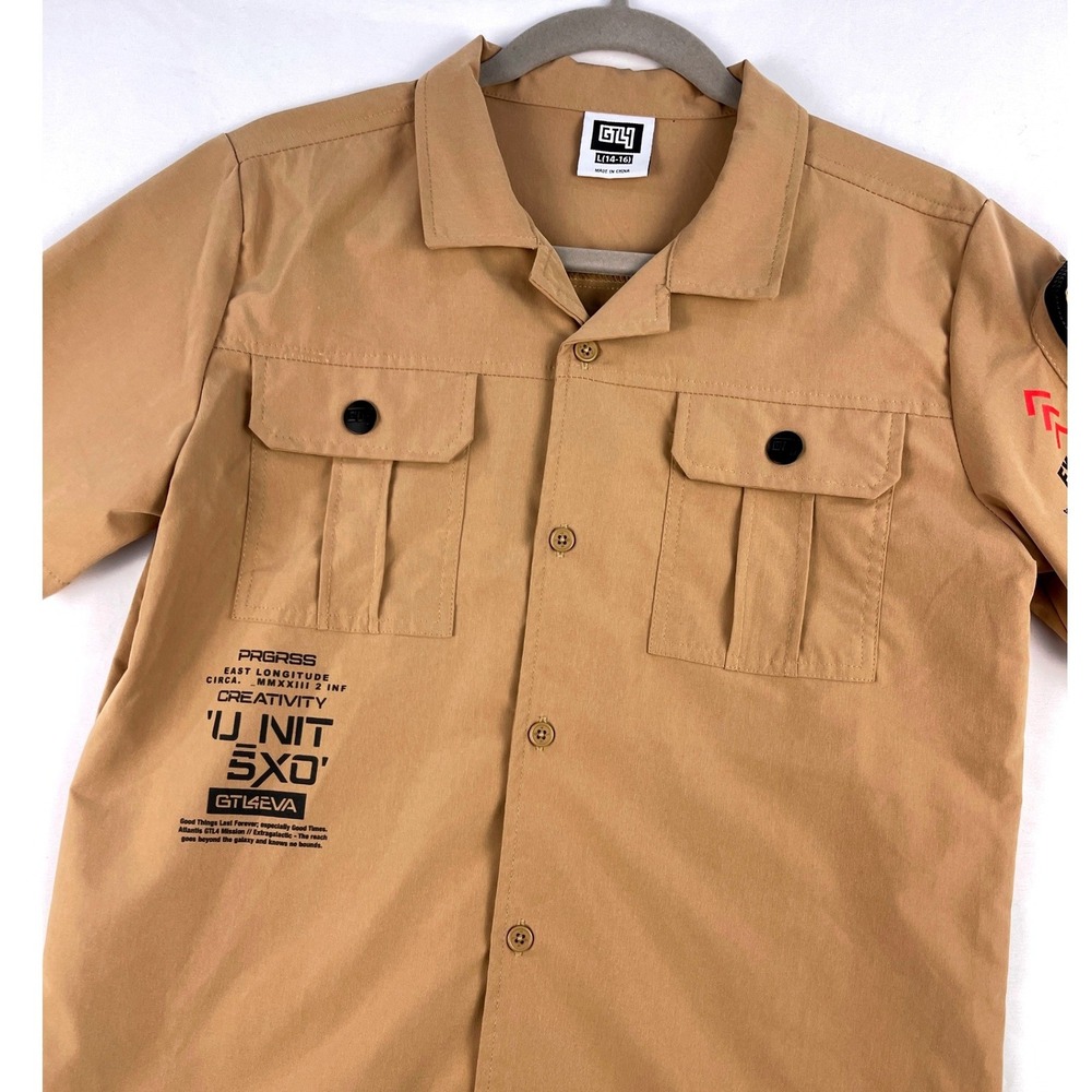 GTL4 Boys Tan Utility Techwear Short Sleeve Button Down Shirt Size L 14-16